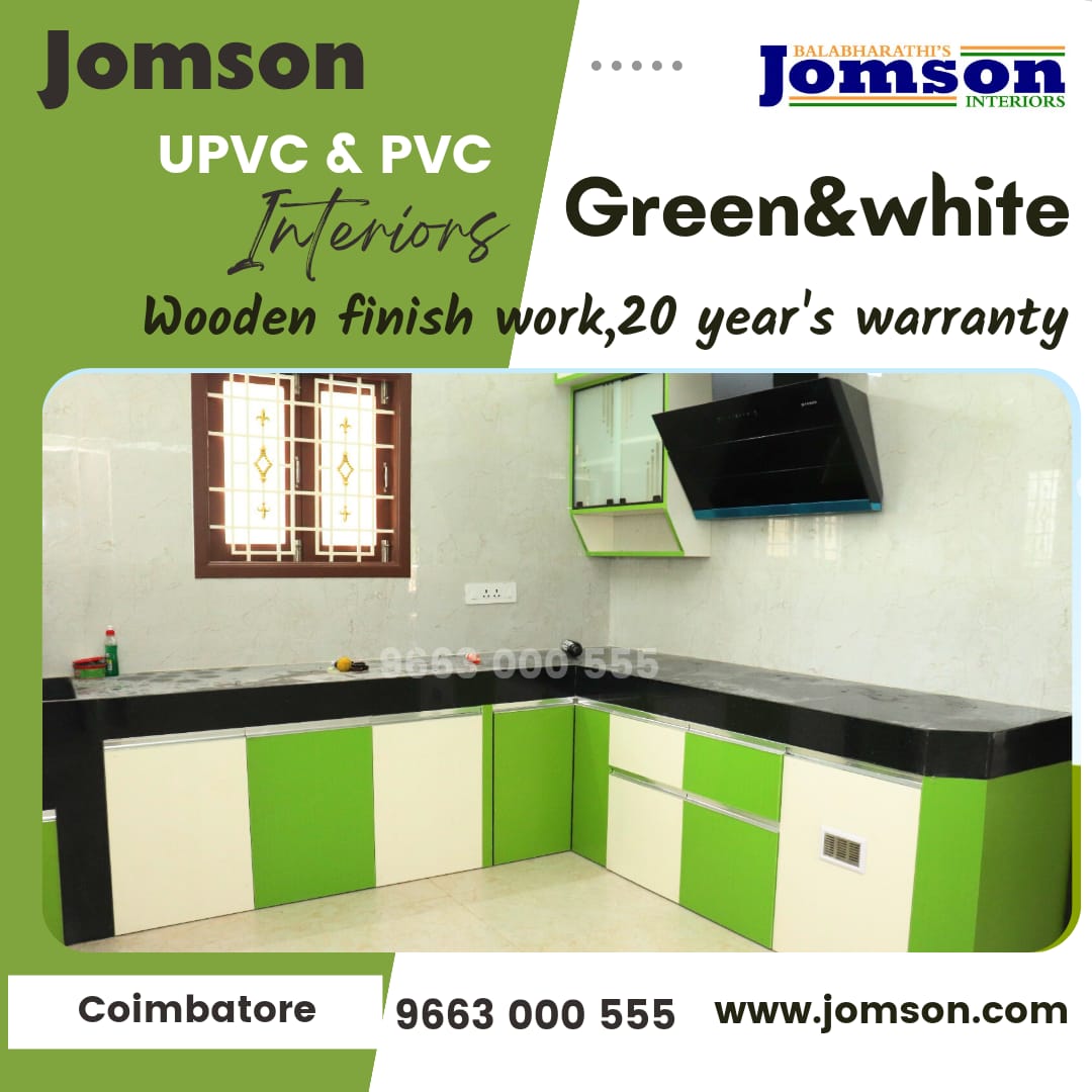 green and white color upvc modular kitchen